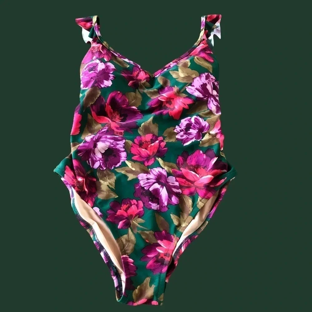 J Crew Womens XS‎ Ruffle Trim One Piece Swimsuit Darn Green Floral Pink Lined